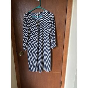 Actera‎ Navy Blue Ivory Zia Zag Sheath Dress 3/4" Sleeves